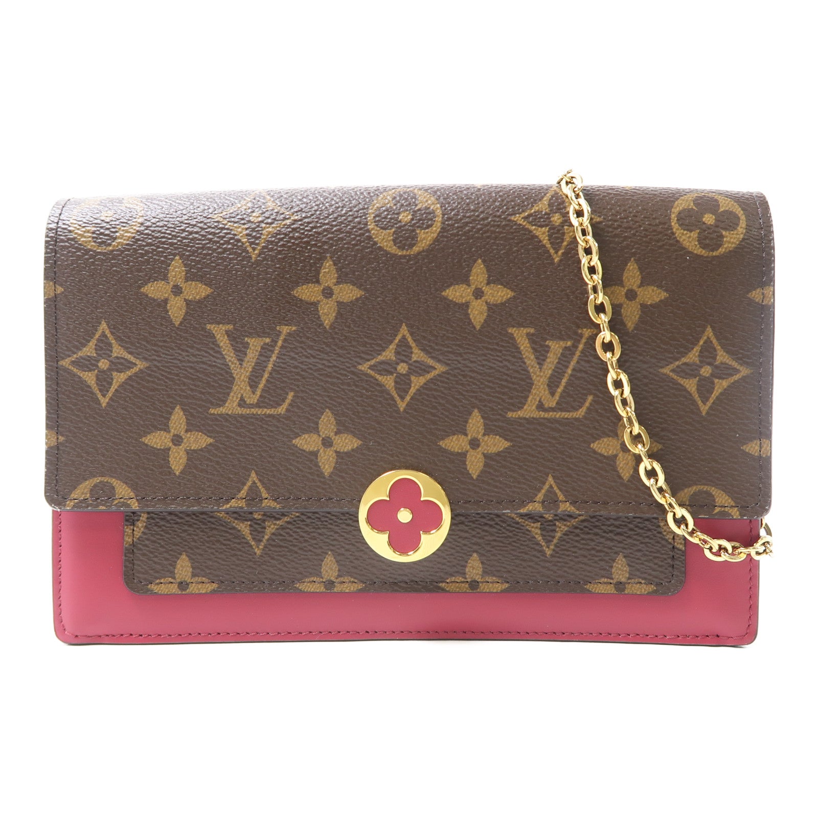 LOUIS VUITTON Monogram Portefeuille Flore金扣鏈帶肩背袋棕色/紅色