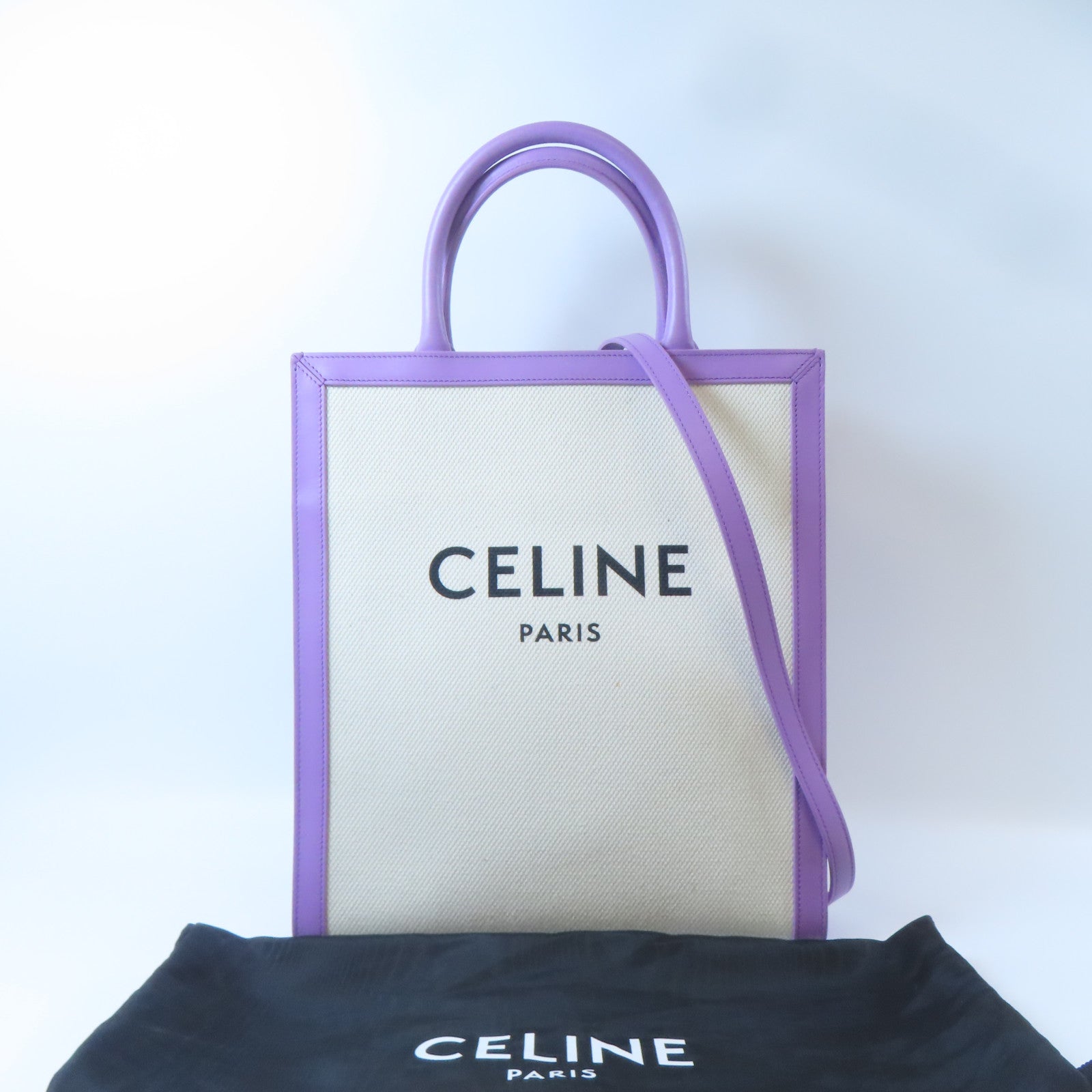 CELINE 帆布/皮革Cabas金扣手挽肩背兩用袋白色/紫色