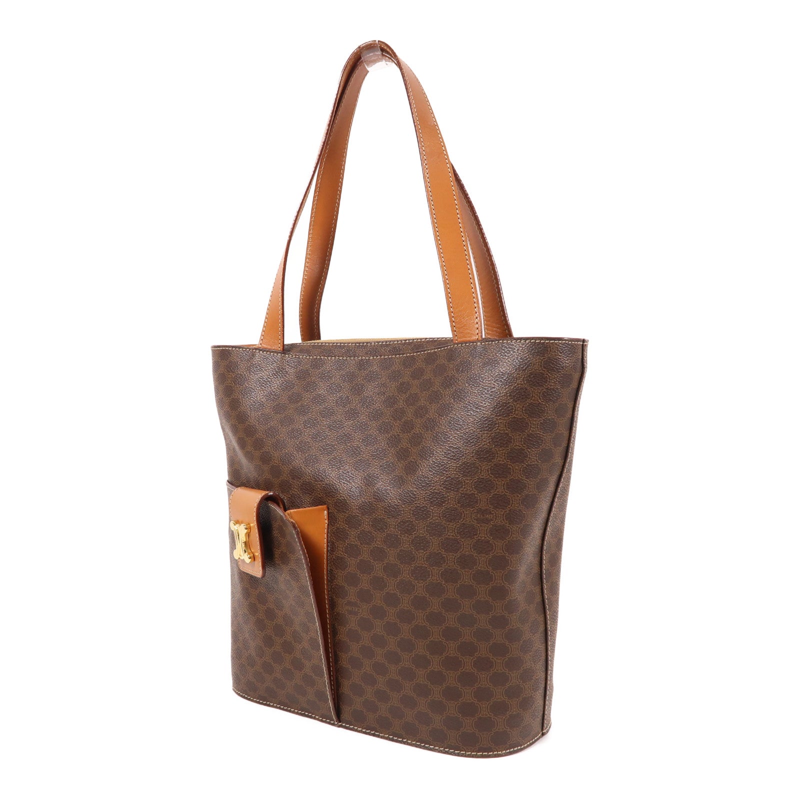 CELINE 塗層帆布Macadam Tote Bag金扣肩背袋棕色