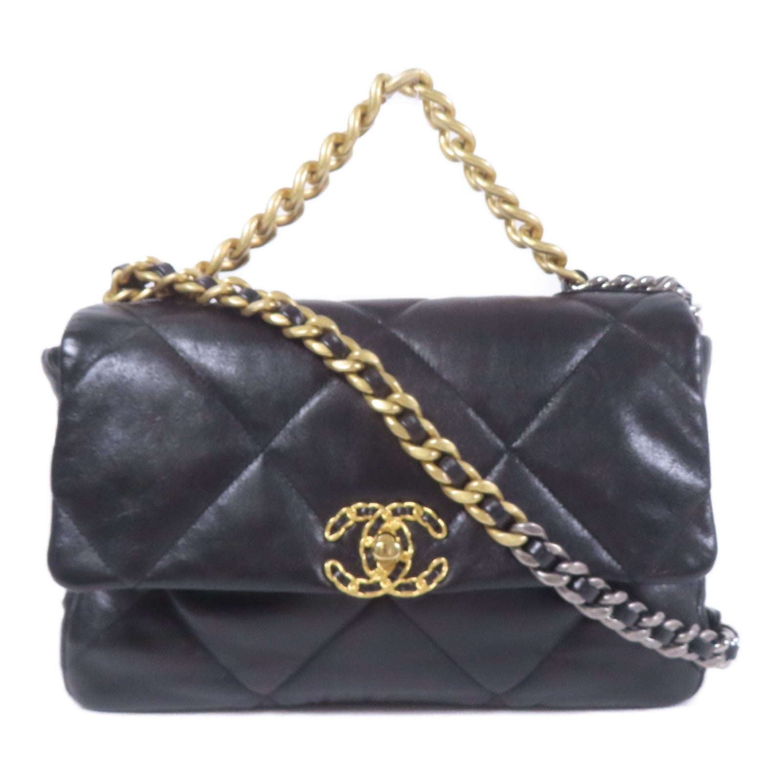 CHANEL CC C19 Large Chain Shoulder Bag Lambskin Leather Black
