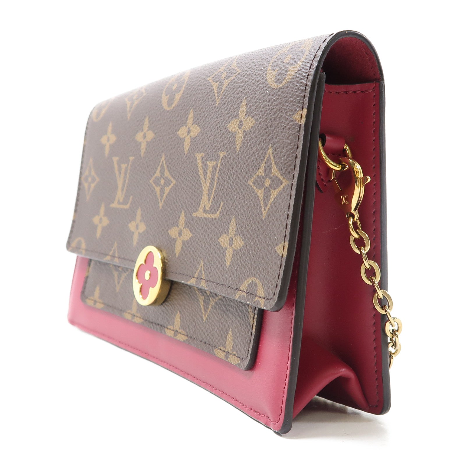 LOUIS VUITTON Monogram Portefeuille Flore金扣鏈帶肩背袋棕色/紅色