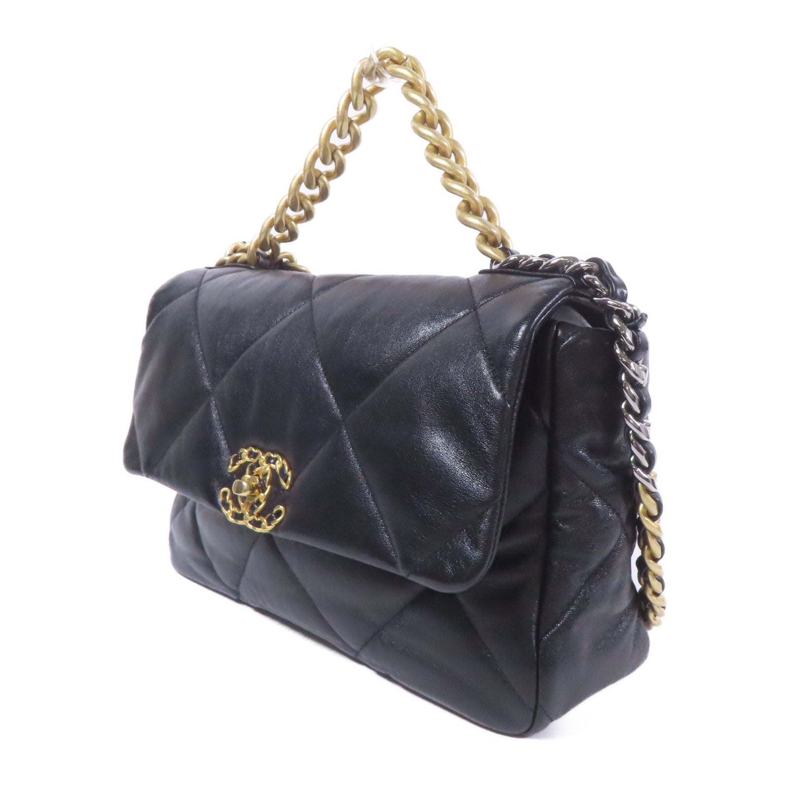 CHANEL CC C19 Large Chain Shoulder Bag Lambskin Leather Black