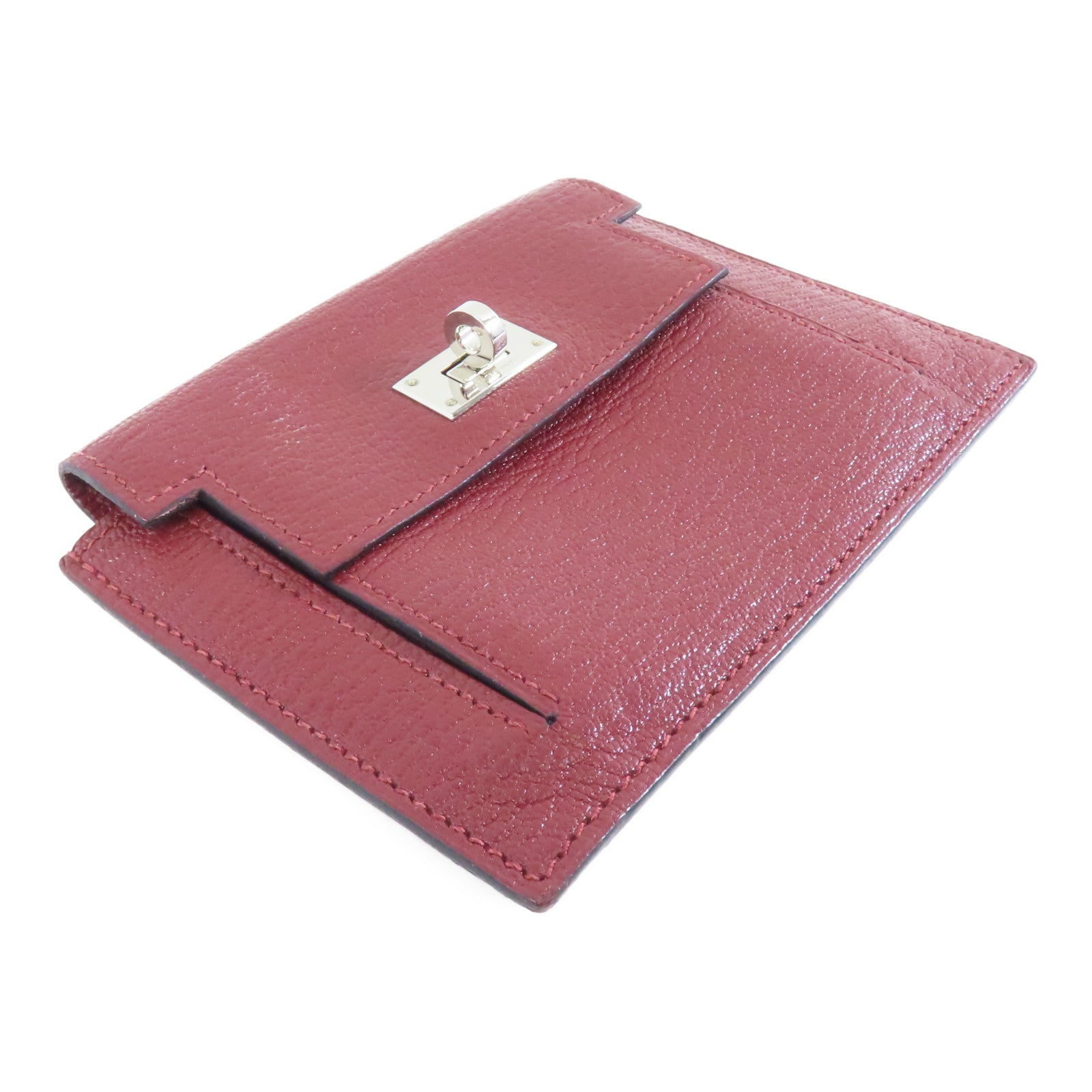 HERMES 【激減優惠】Chevre皮革Kelly Pocket銀扣錢包酒紅色