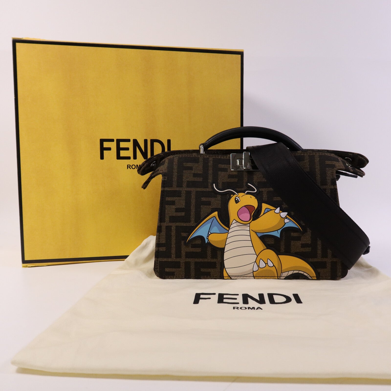 FENDI Jacquard/帆布Peekaboo I See UX-Cross銀扣手挽肩背兩用袋