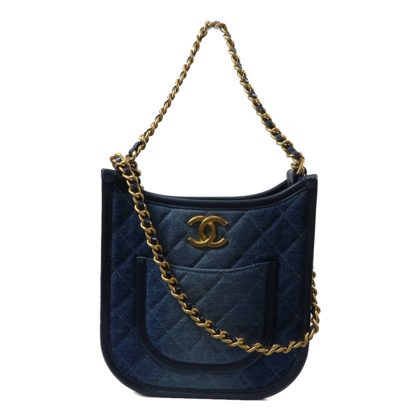 CHANEL 牛仔布24S Hobo鏈帶手挽肩背兩用袋