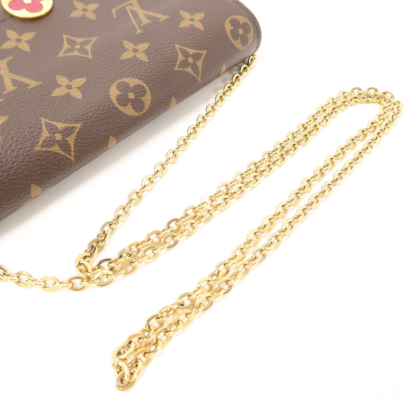 LOUIS VUITTON Monogram Portefeuille Flore金扣鏈帶肩背袋棕色/紅色