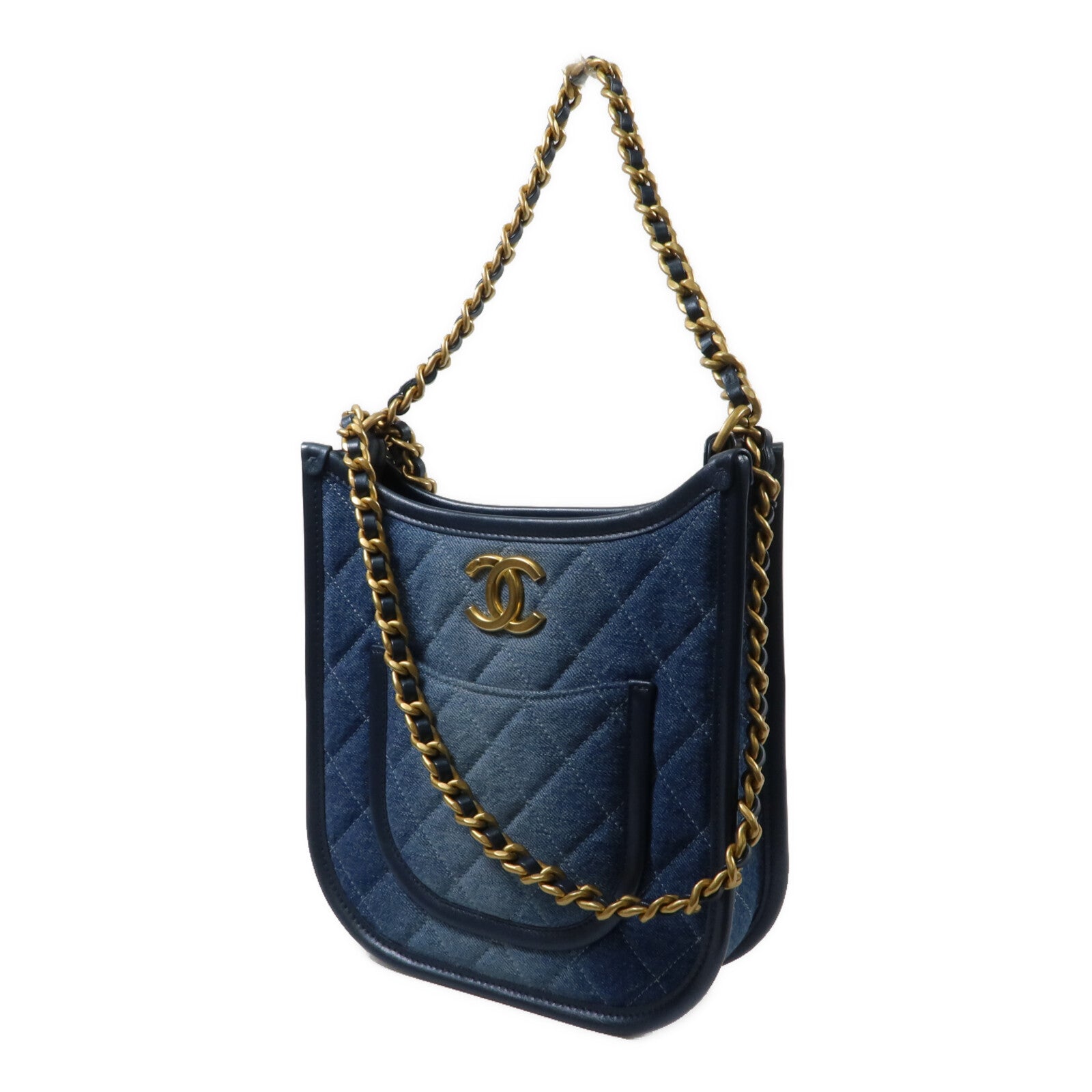CHANEL 牛仔布24S Hobo鏈帶手挽肩背兩用袋