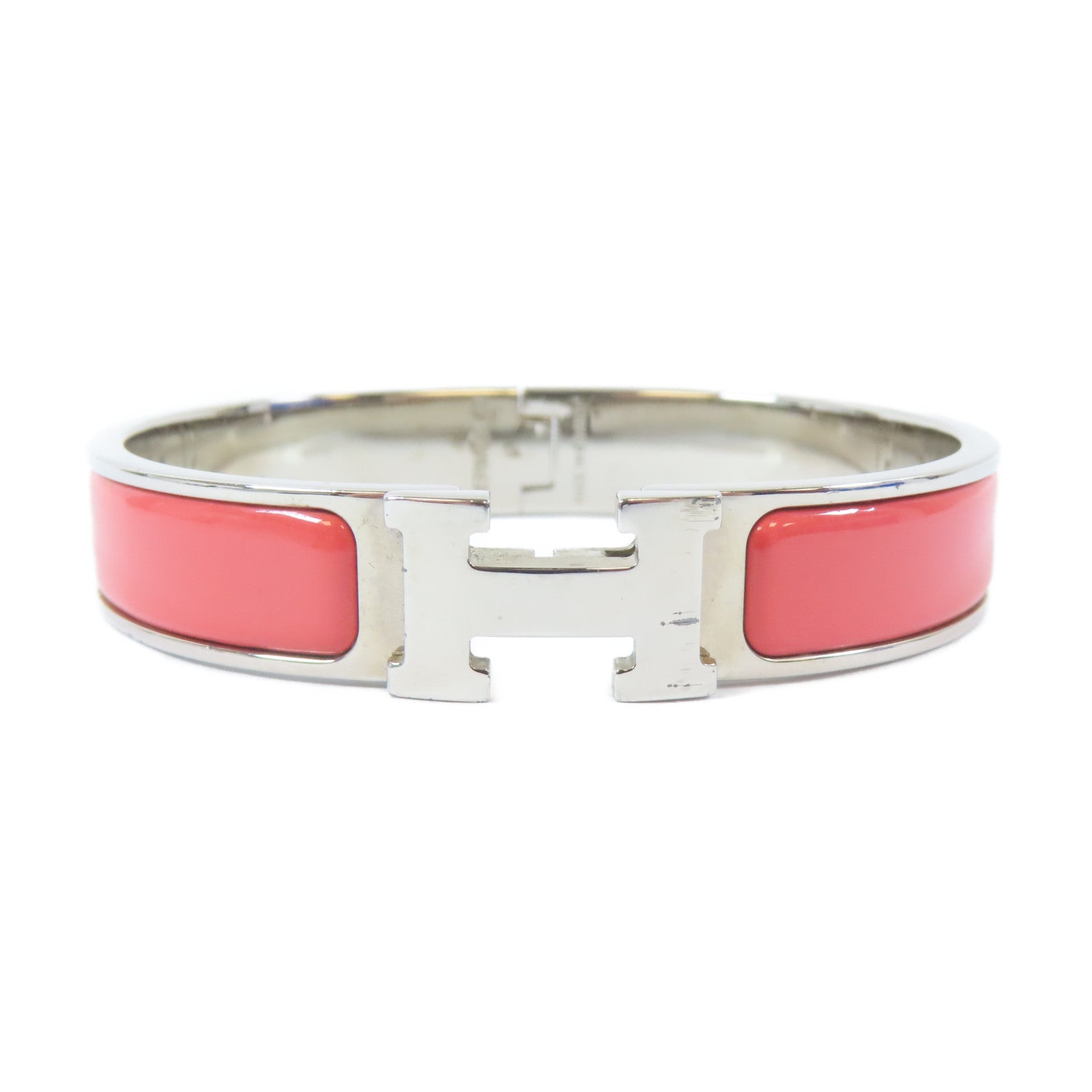 HERMES 金屬Clic H Bracelet手鐲銀色/粉紅色#17cm