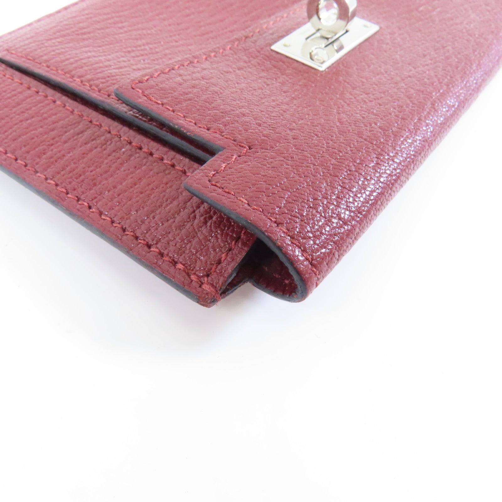 HERMES 【激減優惠】Chevre皮革Kelly Pocket銀扣錢包酒紅色