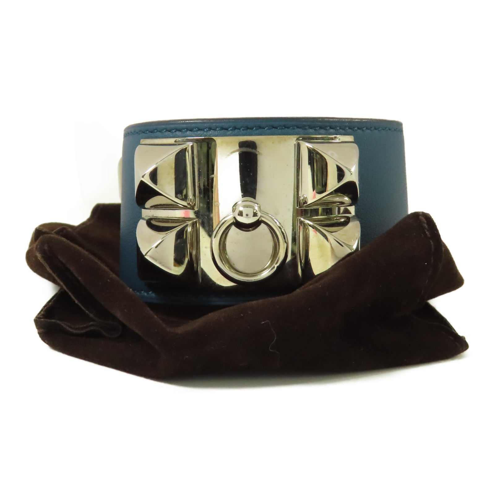 HERMES Swift皮革Collier De Chien銀扣手鐲Colvert