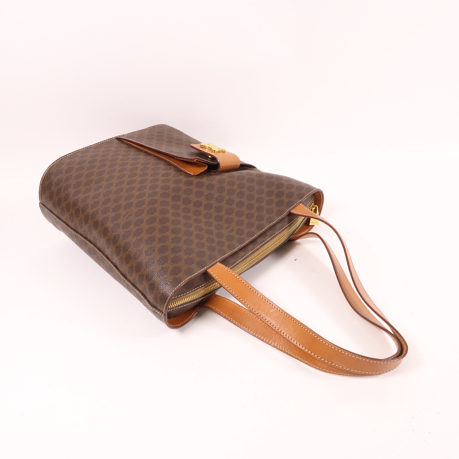CELINE 塗層帆布Macadam Tote Bag金扣肩背袋棕色