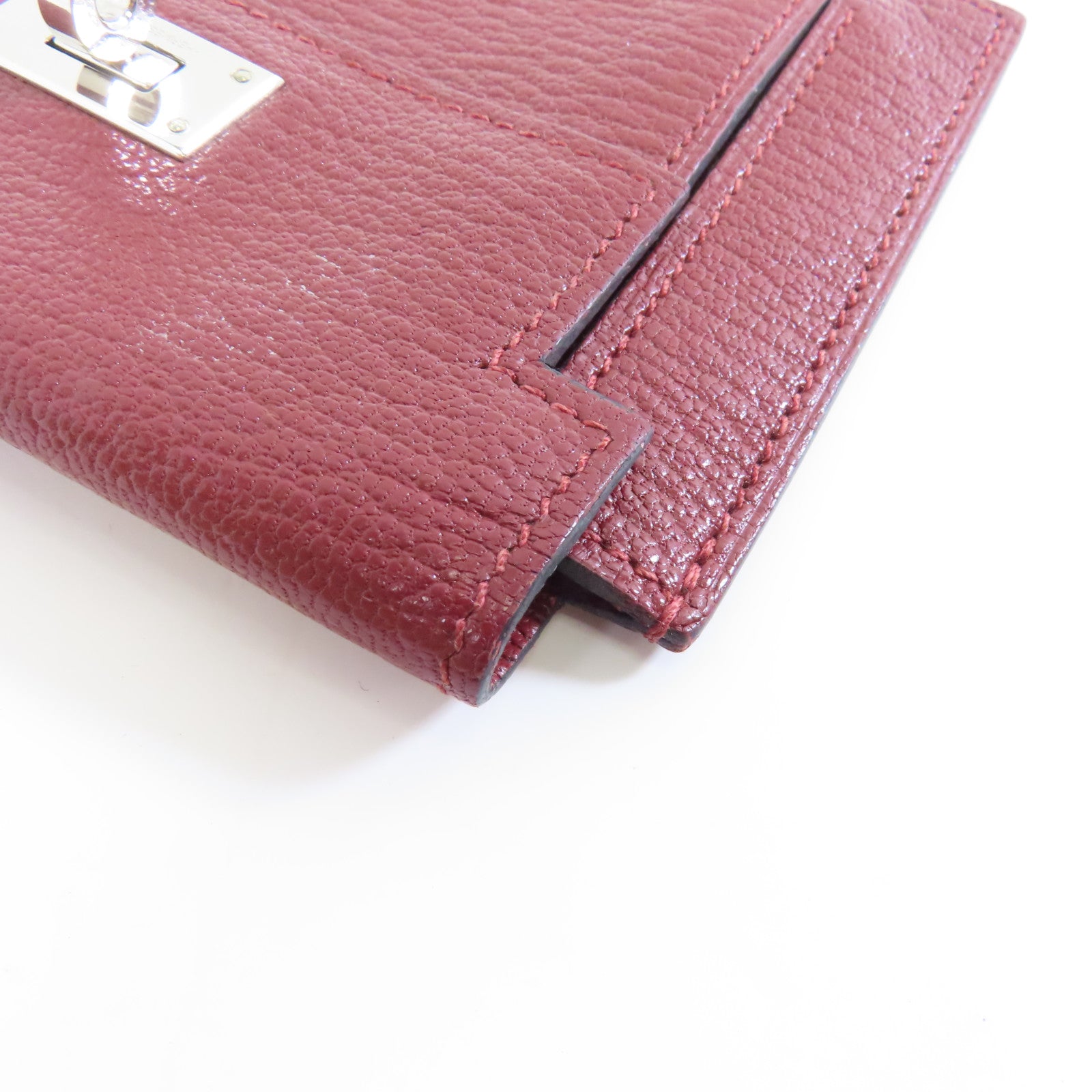 HERMES 【激減優惠】Chevre皮革Kelly Pocket銀扣錢包酒紅色