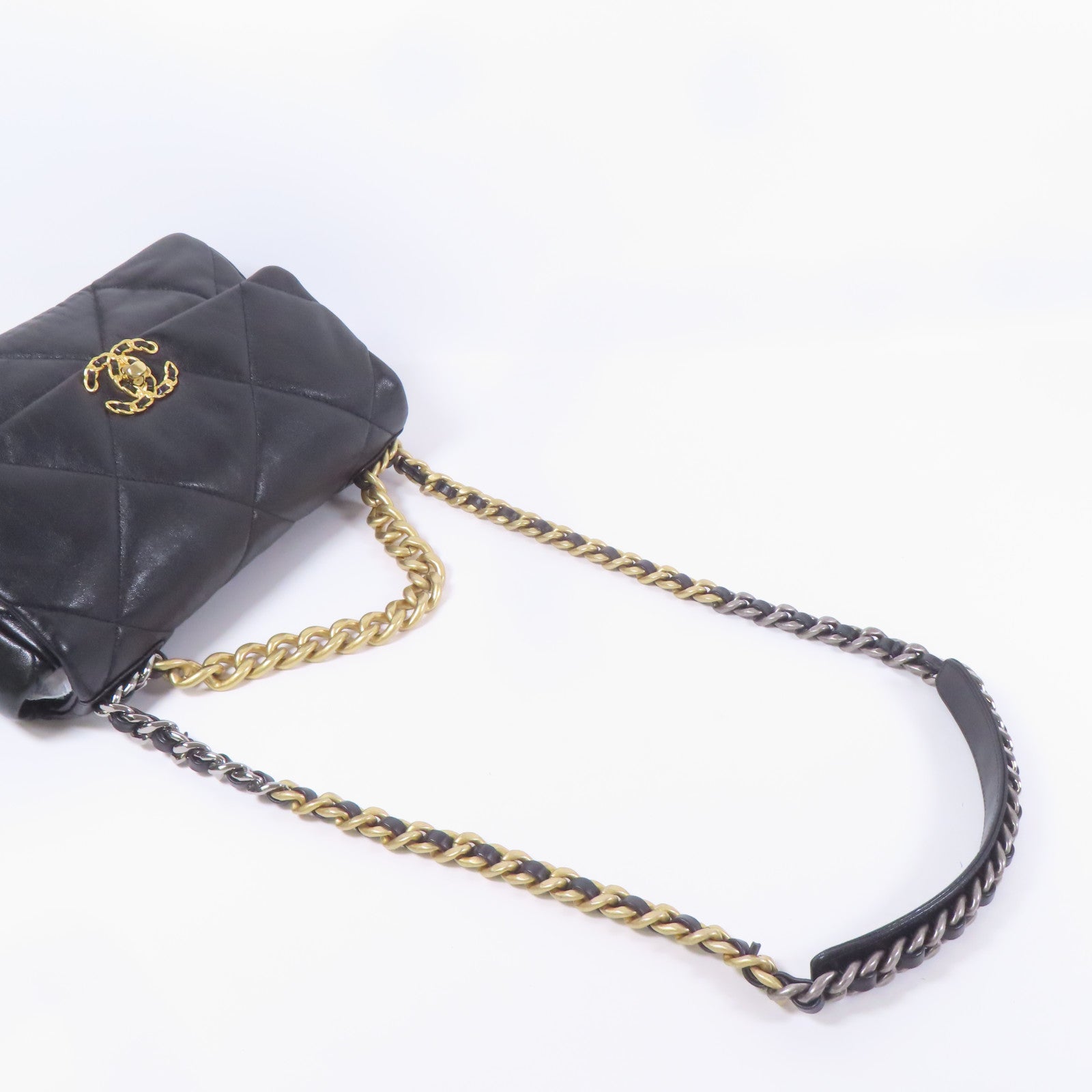 CHANEL CC C19 Large Chain Shoulder Bag Lambskin Leather Black