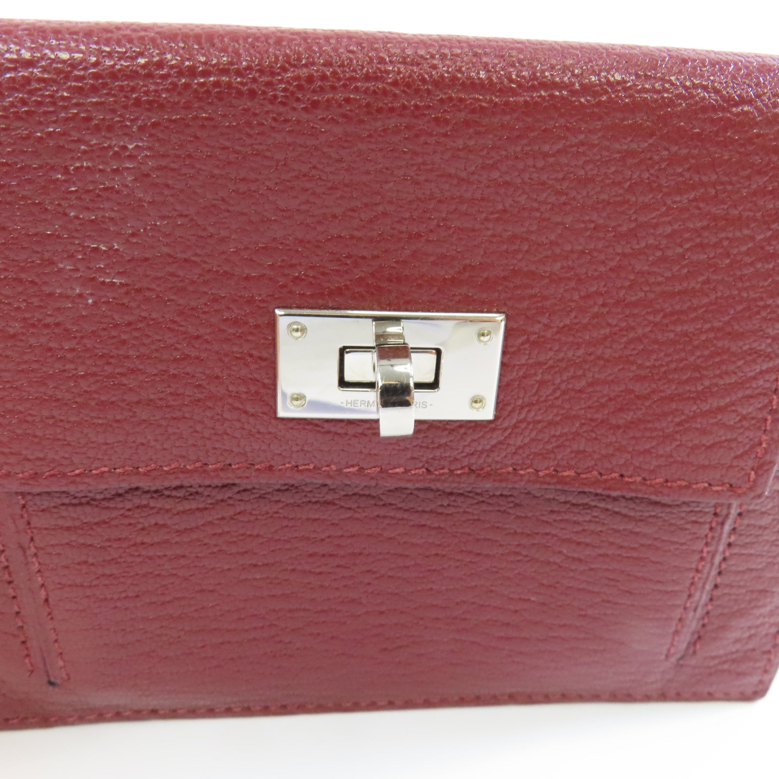 HERMES 【激減優惠】Chevre皮革Kelly Pocket銀扣錢包酒紅色