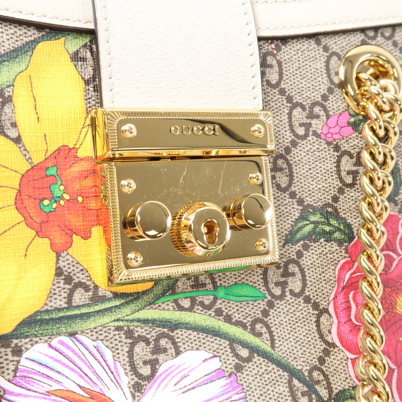 GUCCI 塗層帆布Shoulder Bag金扣肩背袋啡色/白色/彩色