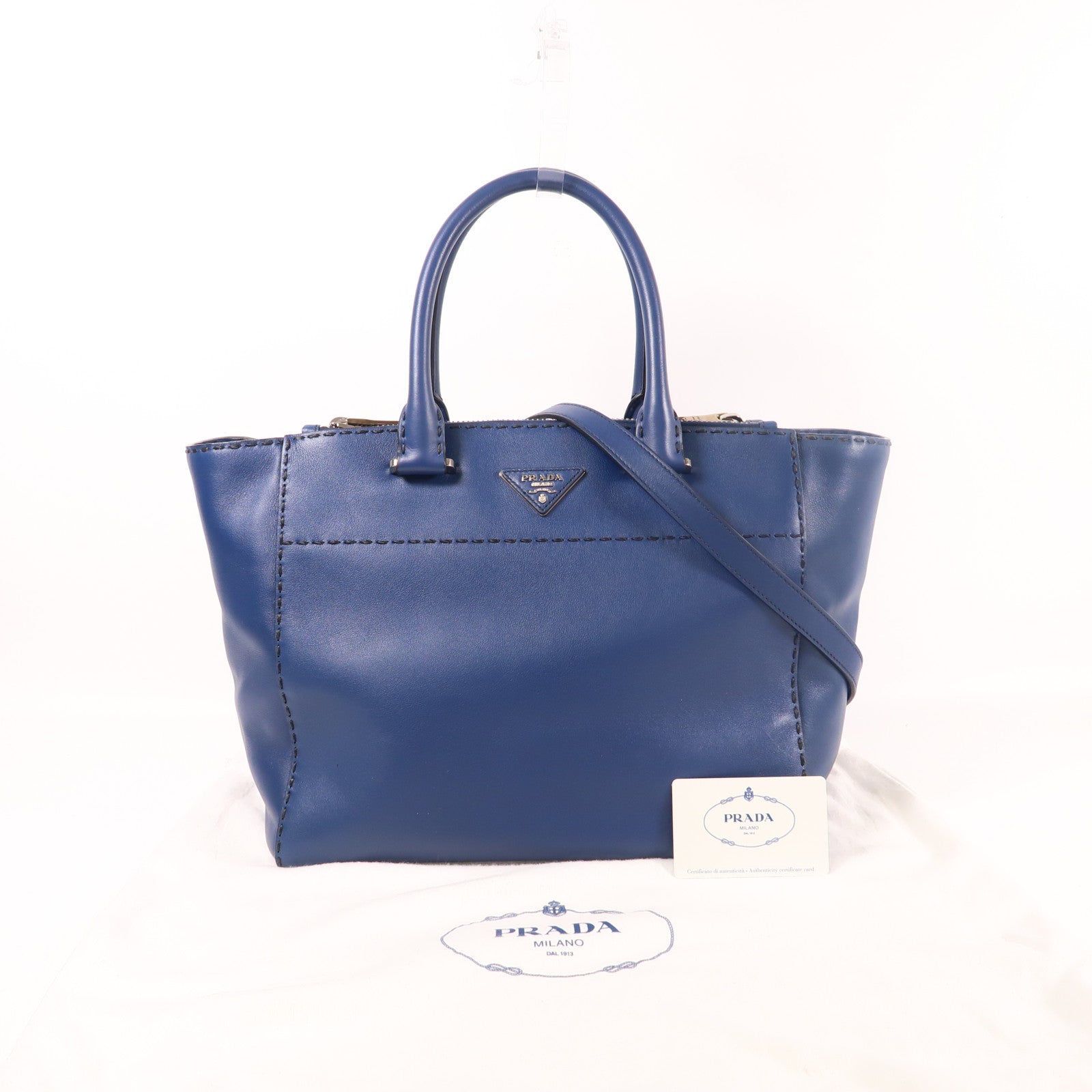 PRADA SHW 2 Way Shoulder Bag Handbag Calfskin Leather Blue