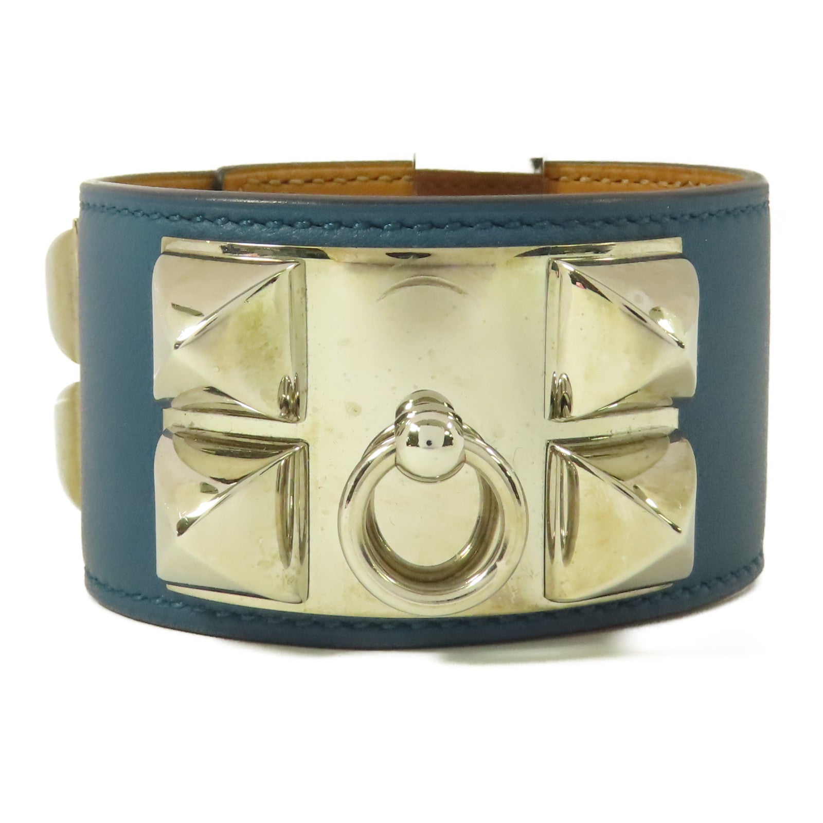 HERMES Swift皮革Collier De Chien銀扣手鐲Colvert