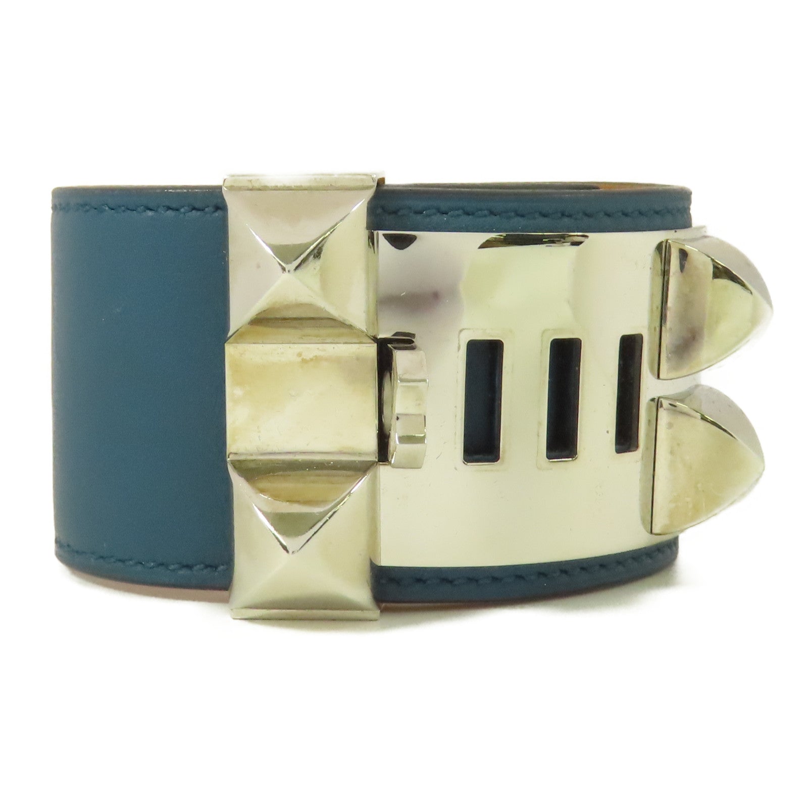 HERMES Swift皮革Collier De Chien銀扣手鐲Colvert