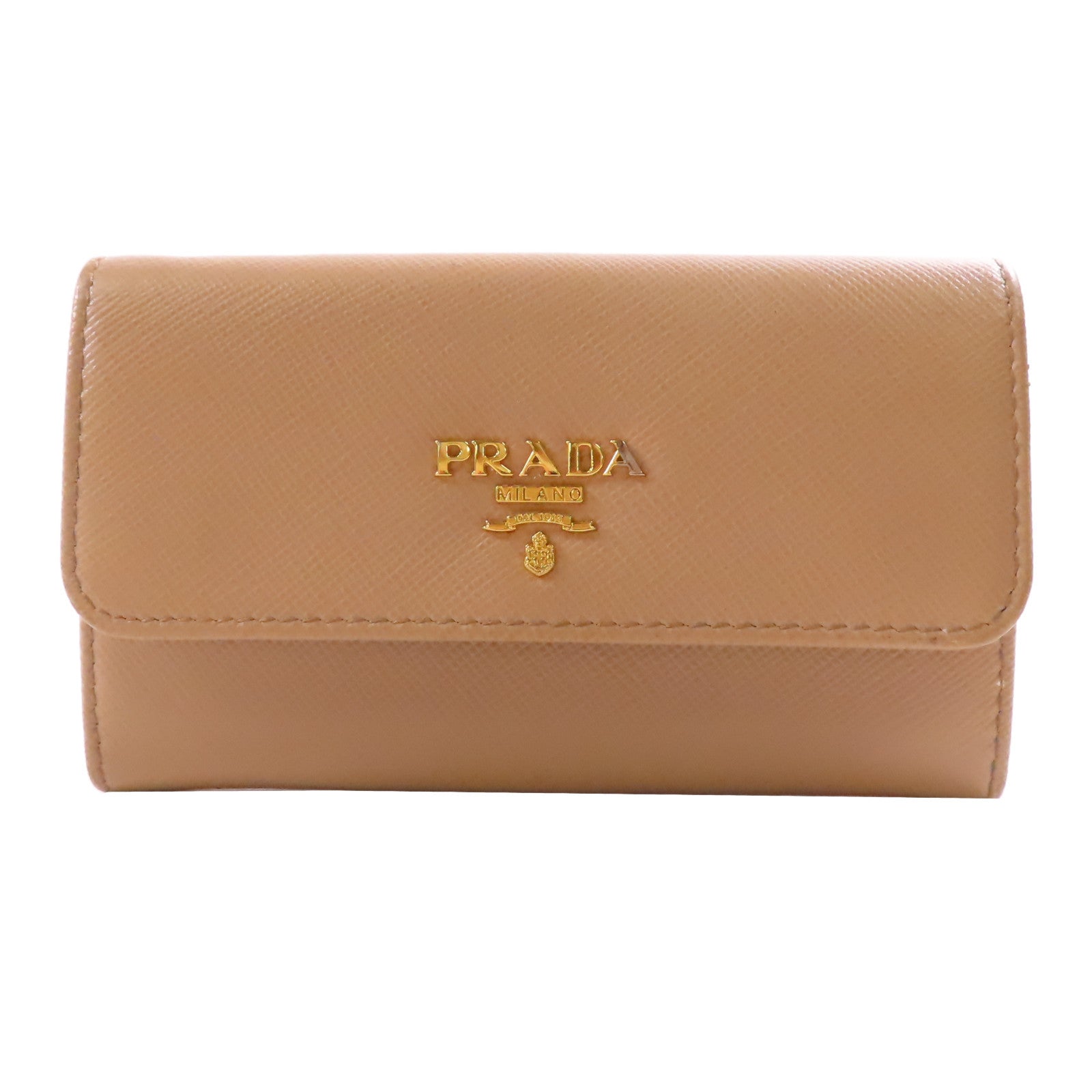 PRADA GHW Card Case With Chain Saffiano Leather Beige