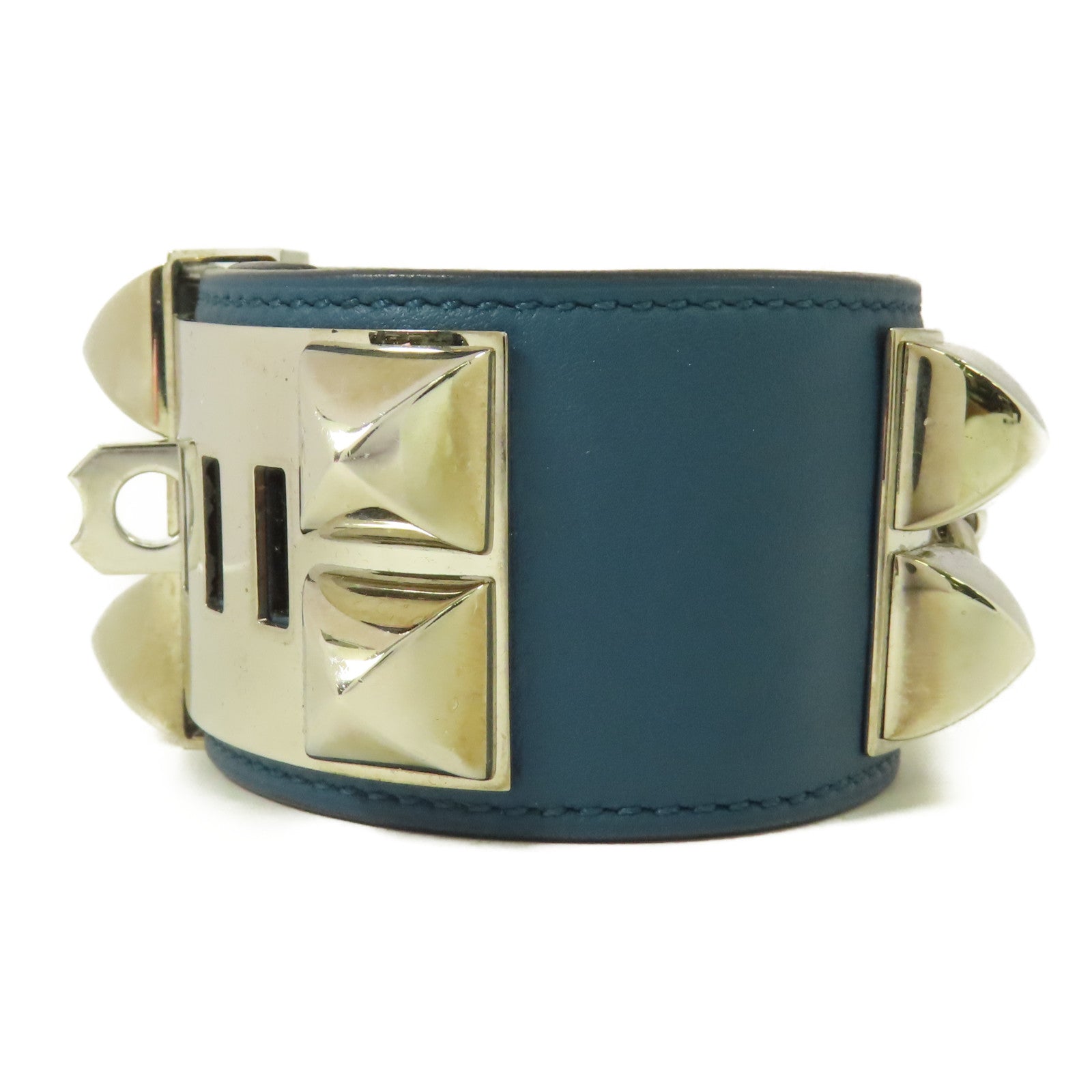 HERMES Swift皮革Collier De Chien銀扣手鐲Colvert