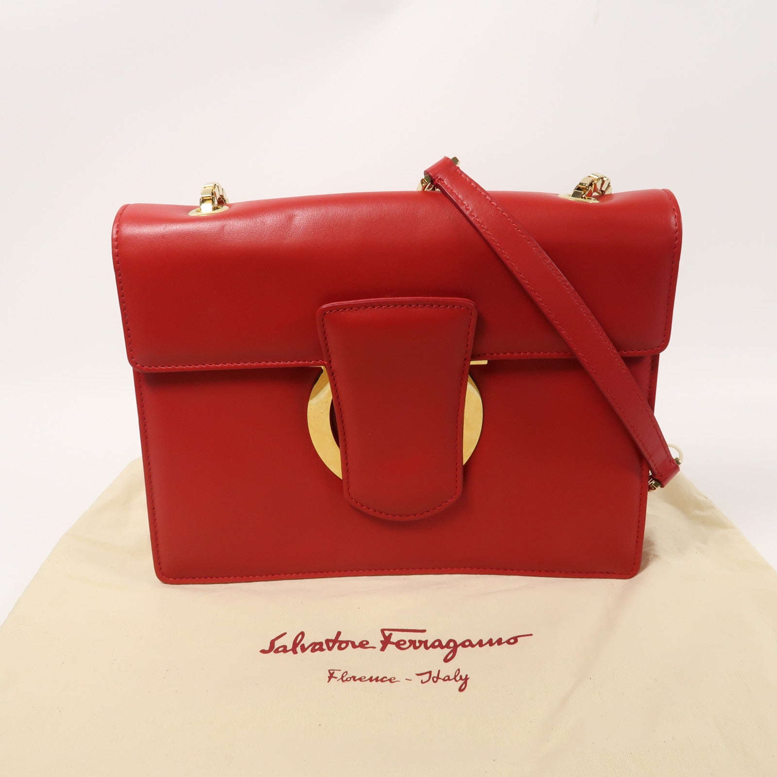 Salvatore Ferragamo 【清倉大減價】牛皮皮革Chain Shoulder Bag金扣鏈帶肩背袋紅色