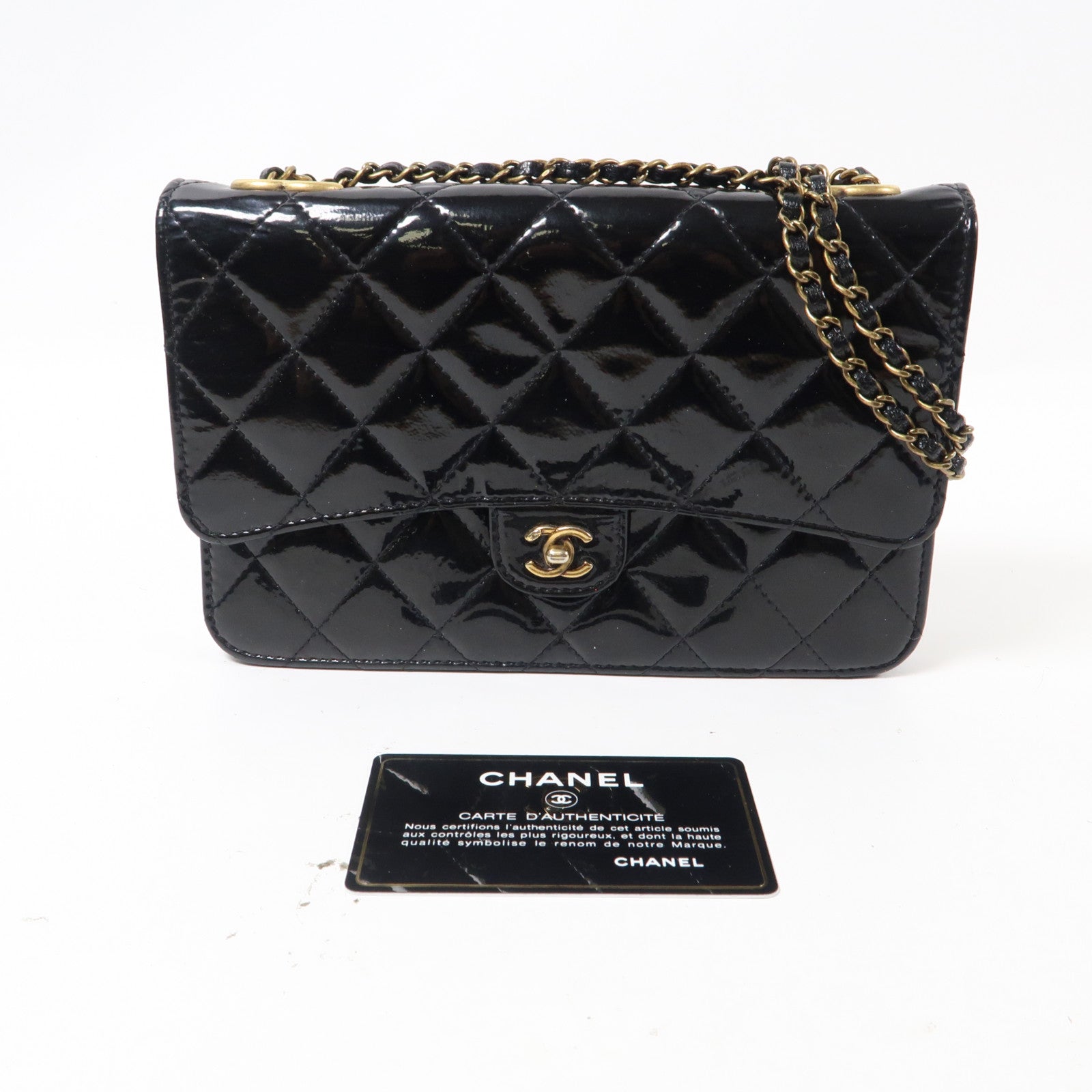 CHANEL 【激減優惠】菱格漆皮皮革Wallet On Chain金扣鏈帶肩背袋黑色