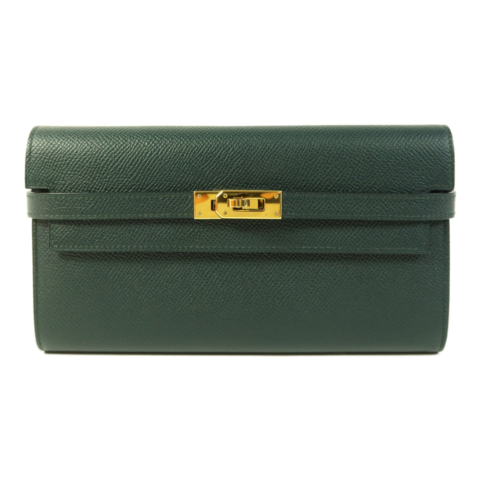 HERMES Epsom皮革Kelly Long Wallet金扣長錢包Vert Cypres