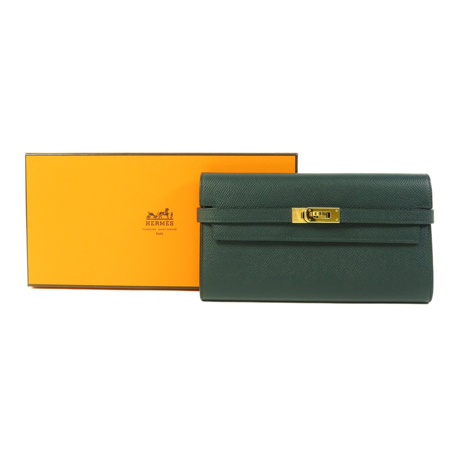 HERMES Epsom皮革Kelly Long Wallet金扣長錢包Vert Cypres