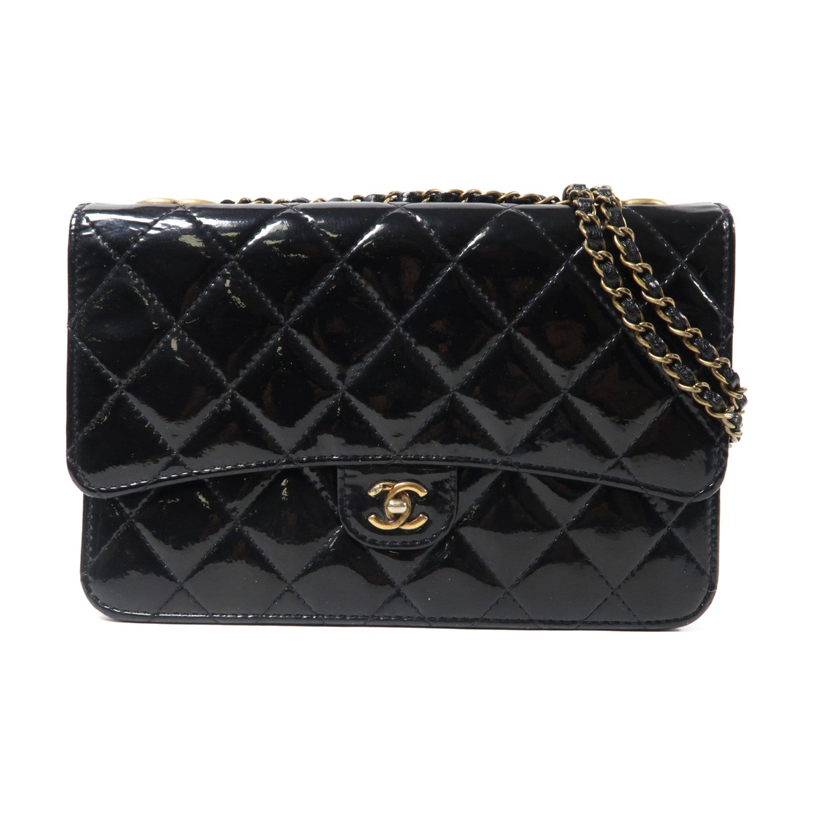 CHANEL 【激減優惠】菱格漆皮皮革Wallet On Chain金扣鏈帶肩背袋黑色