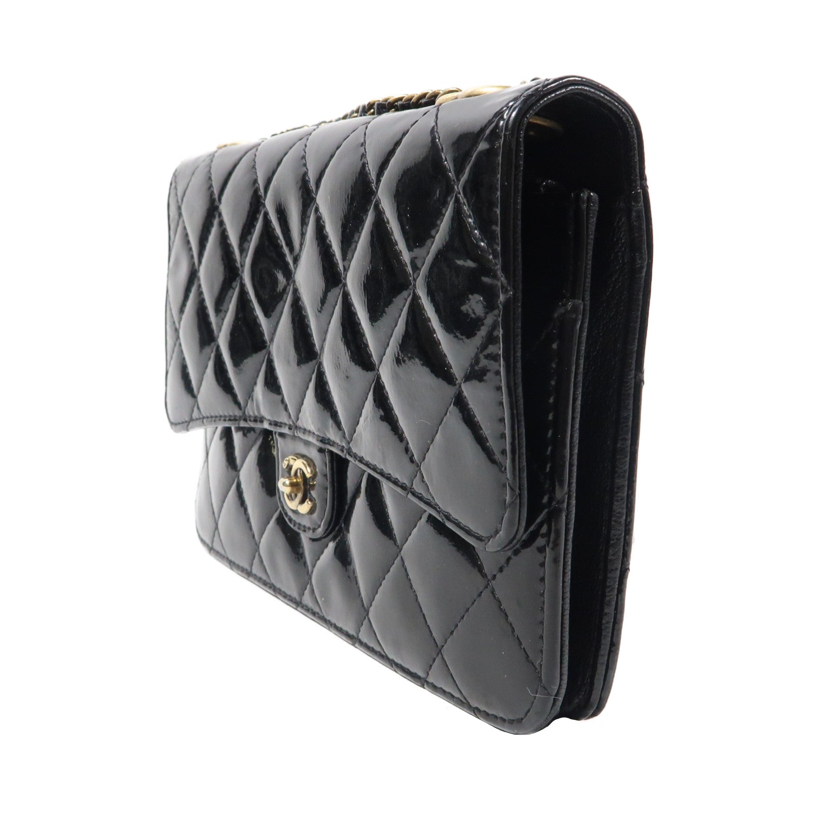 CHANEL 【激減優惠】菱格漆皮皮革Wallet On Chain金扣鏈帶肩背袋黑色