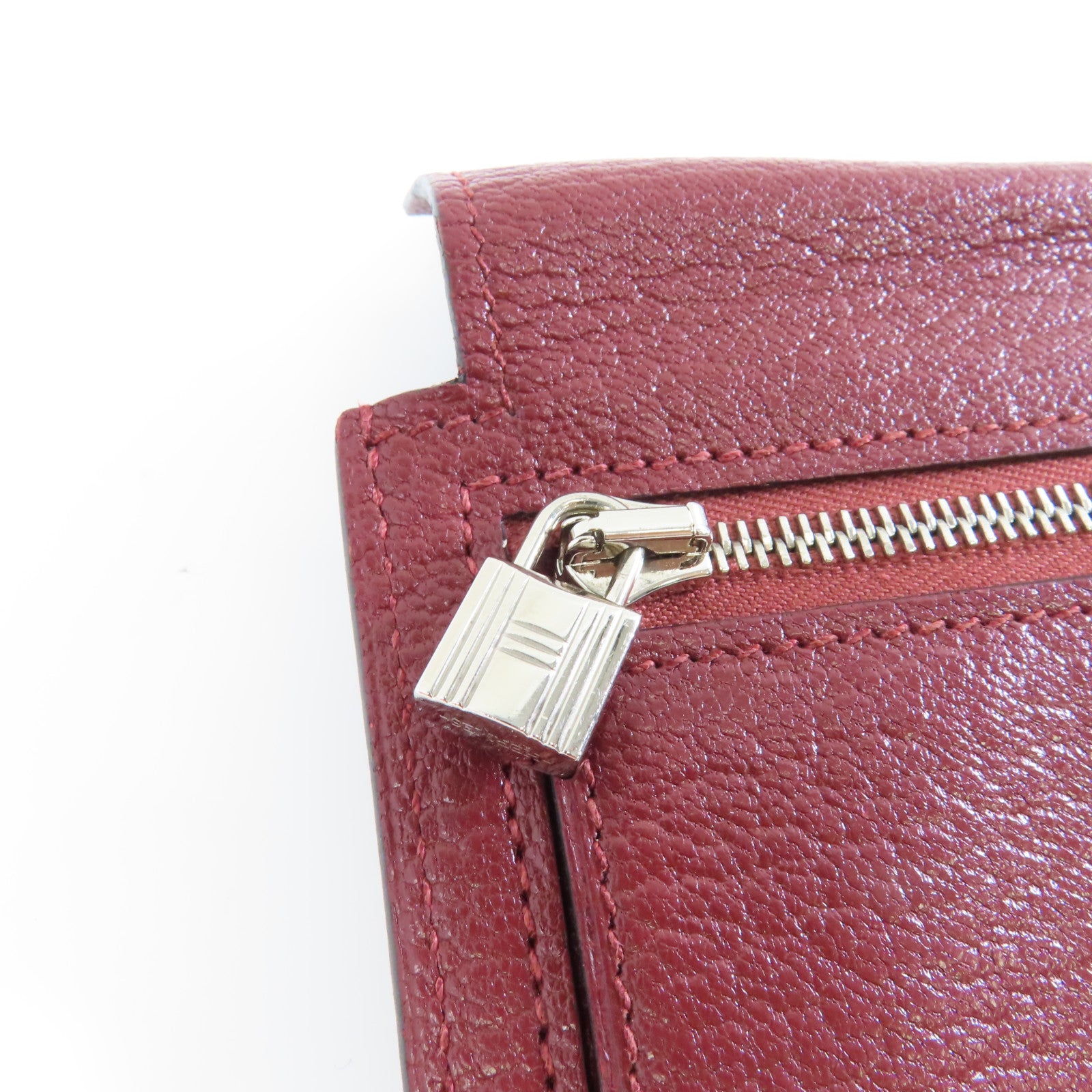 HERMES 【激減優惠】Chevre皮革Kelly Pocket銀扣錢包酒紅色