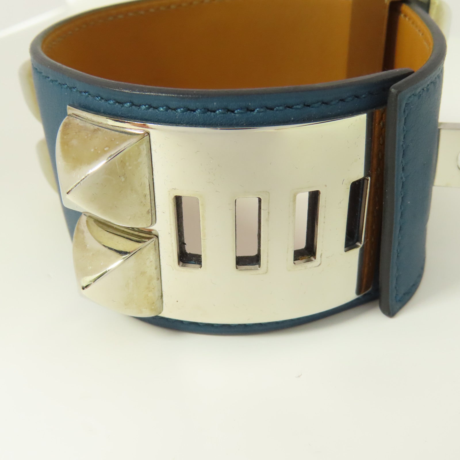 HERMES Swift皮革Collier De Chien銀扣手鐲Colvert