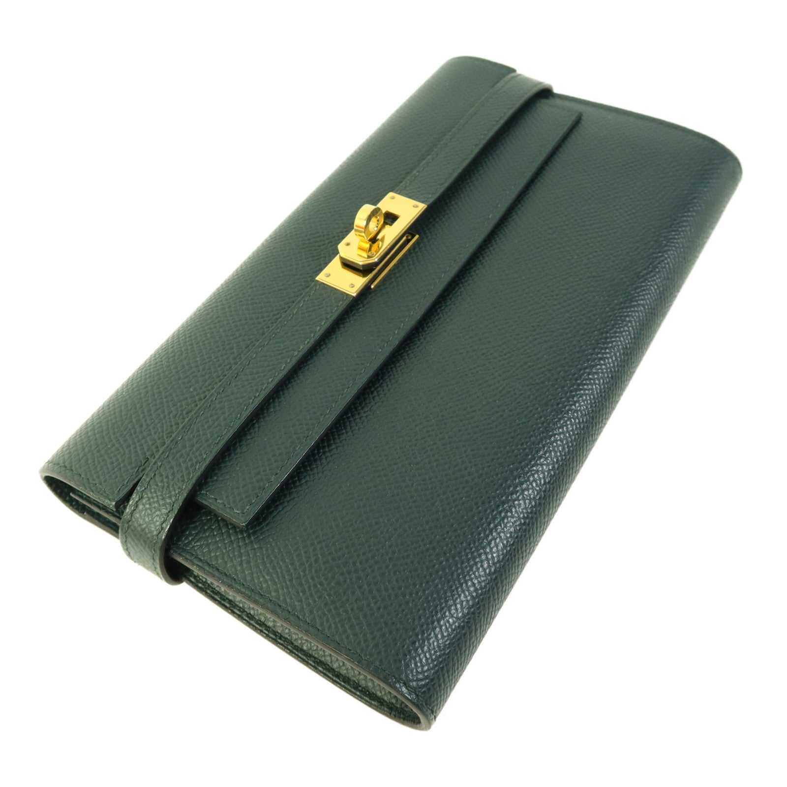 HERMES Epsom皮革Kelly Long Wallet金扣長錢包Vert Cypres