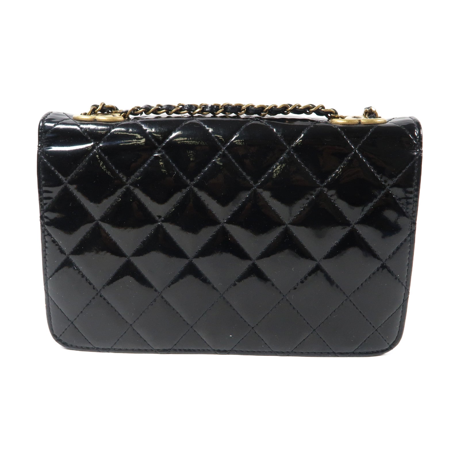 CHANEL 【激減優惠】菱格漆皮皮革Wallet On Chain金扣鏈帶肩背袋黑色