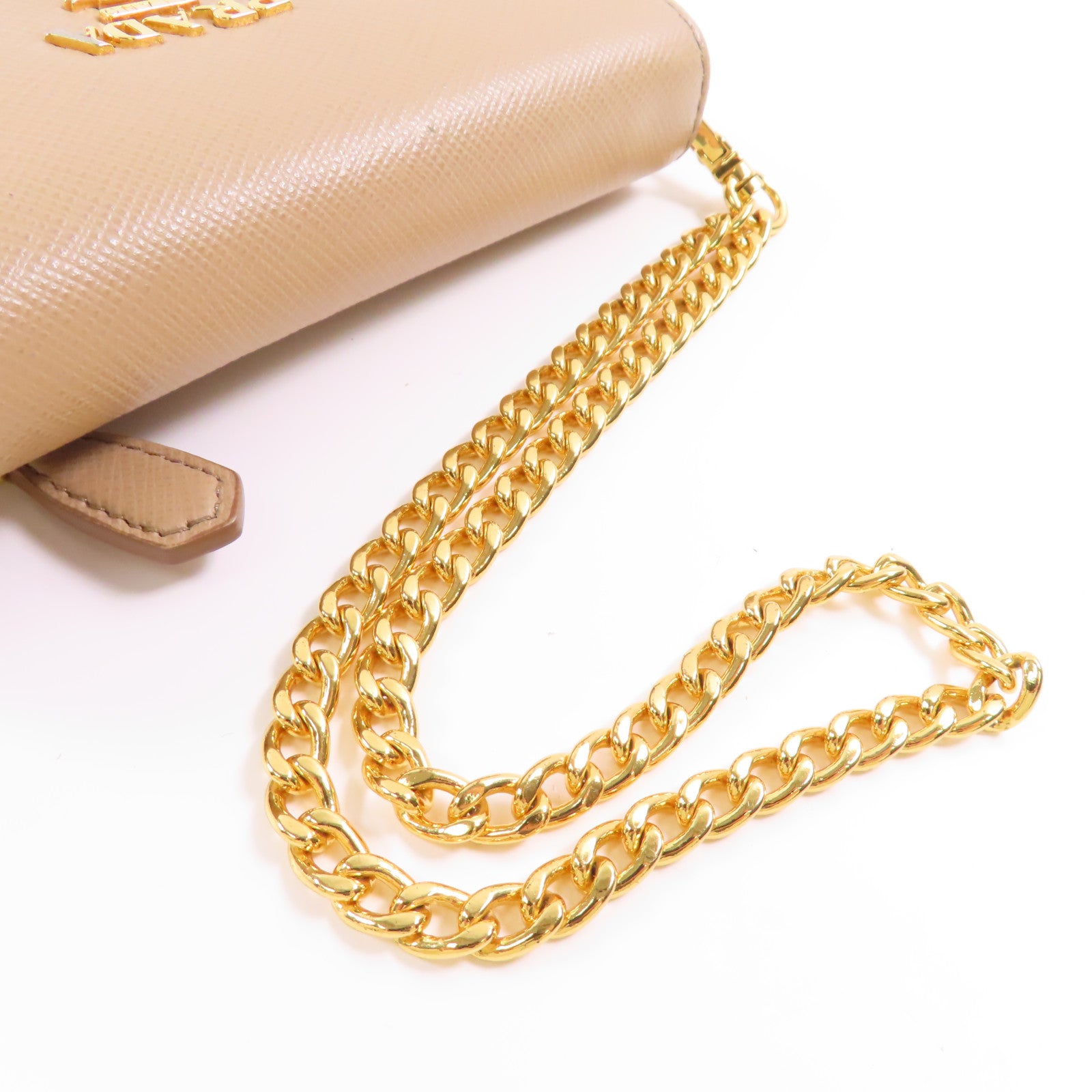 PRADA GHW Card Case With Chain Saffiano Leather Beige