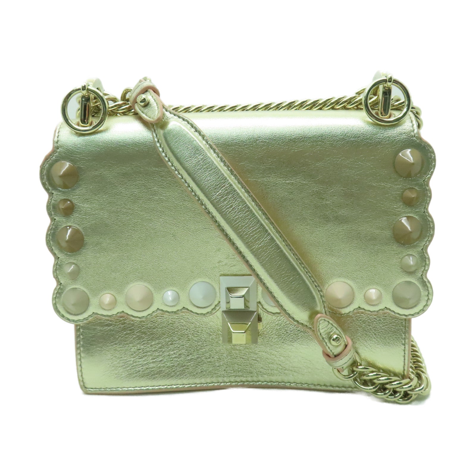 FENDI 【激減優惠】牛皮皮革Chain Shoulder金扣鏈帶肩背袋金色