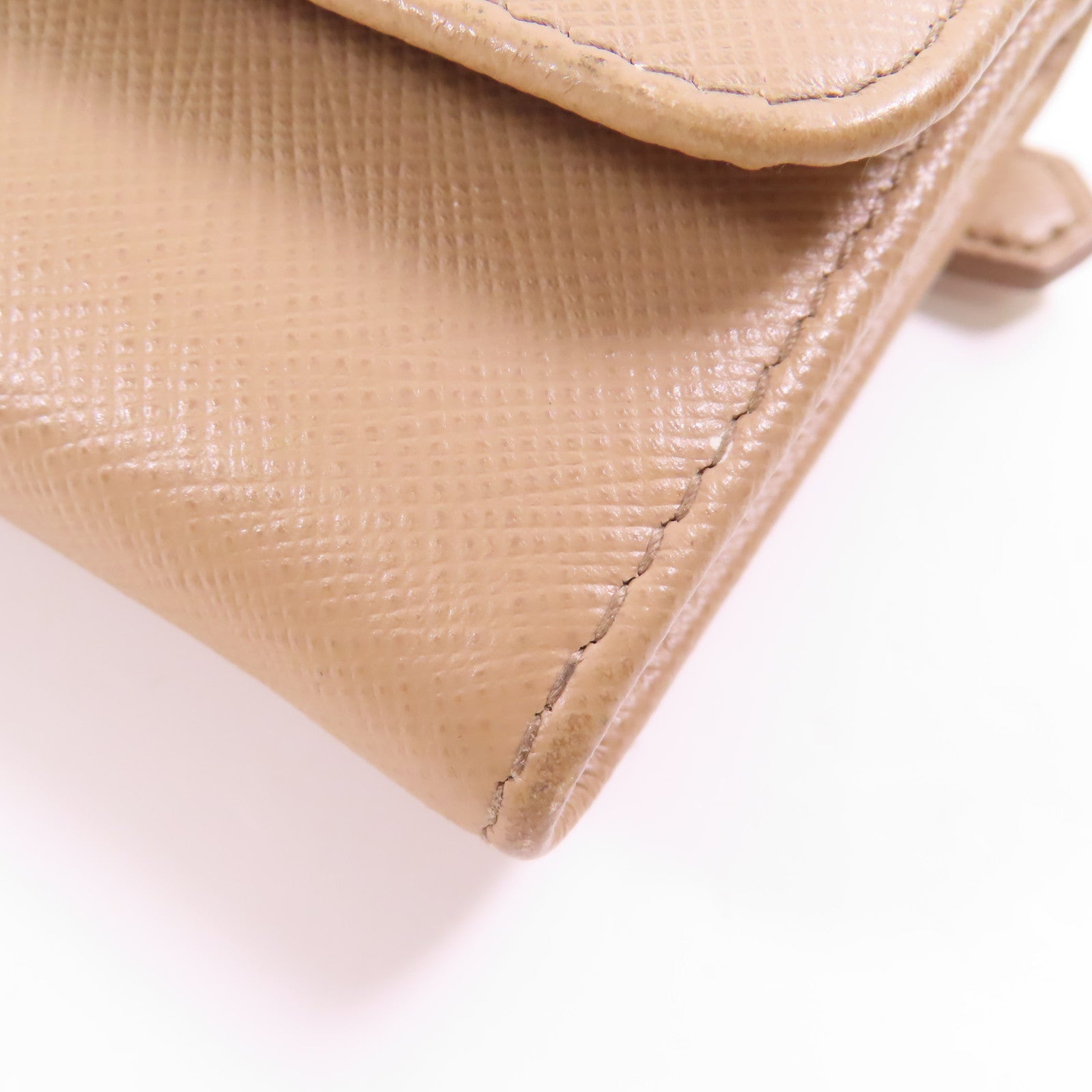 PRADA GHW Card Case With Chain Saffiano Leather Beige