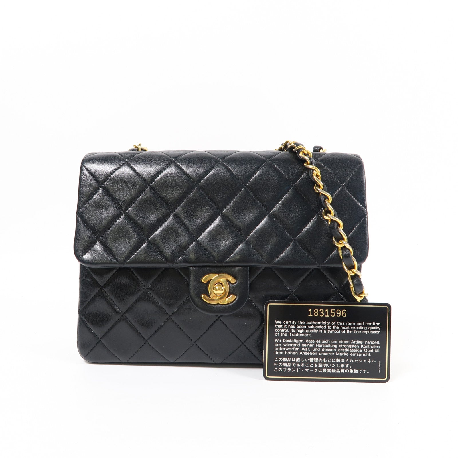 CHANEL 菱格牛皮皮革Mini Square金扣鏈帶肩背袋黑色