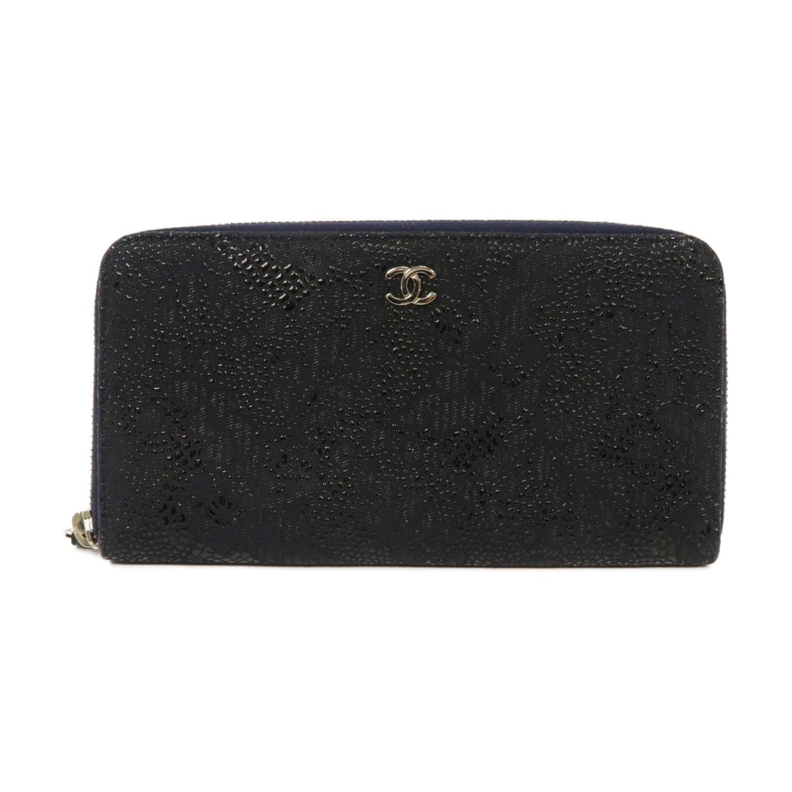CHANEL 【激減優惠】塗層帆布Zip Wallet銀扣長錢包深藍色