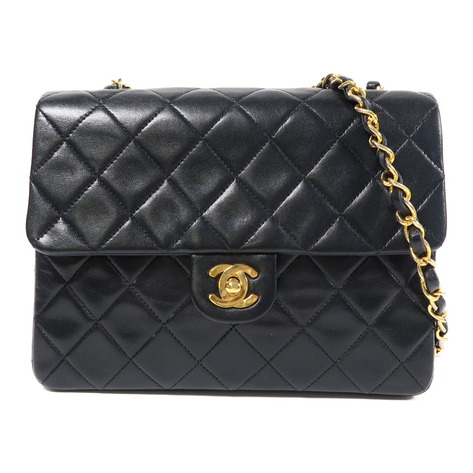 CHANEL 菱格牛皮皮革Mini Square金扣鏈帶肩背袋黑色