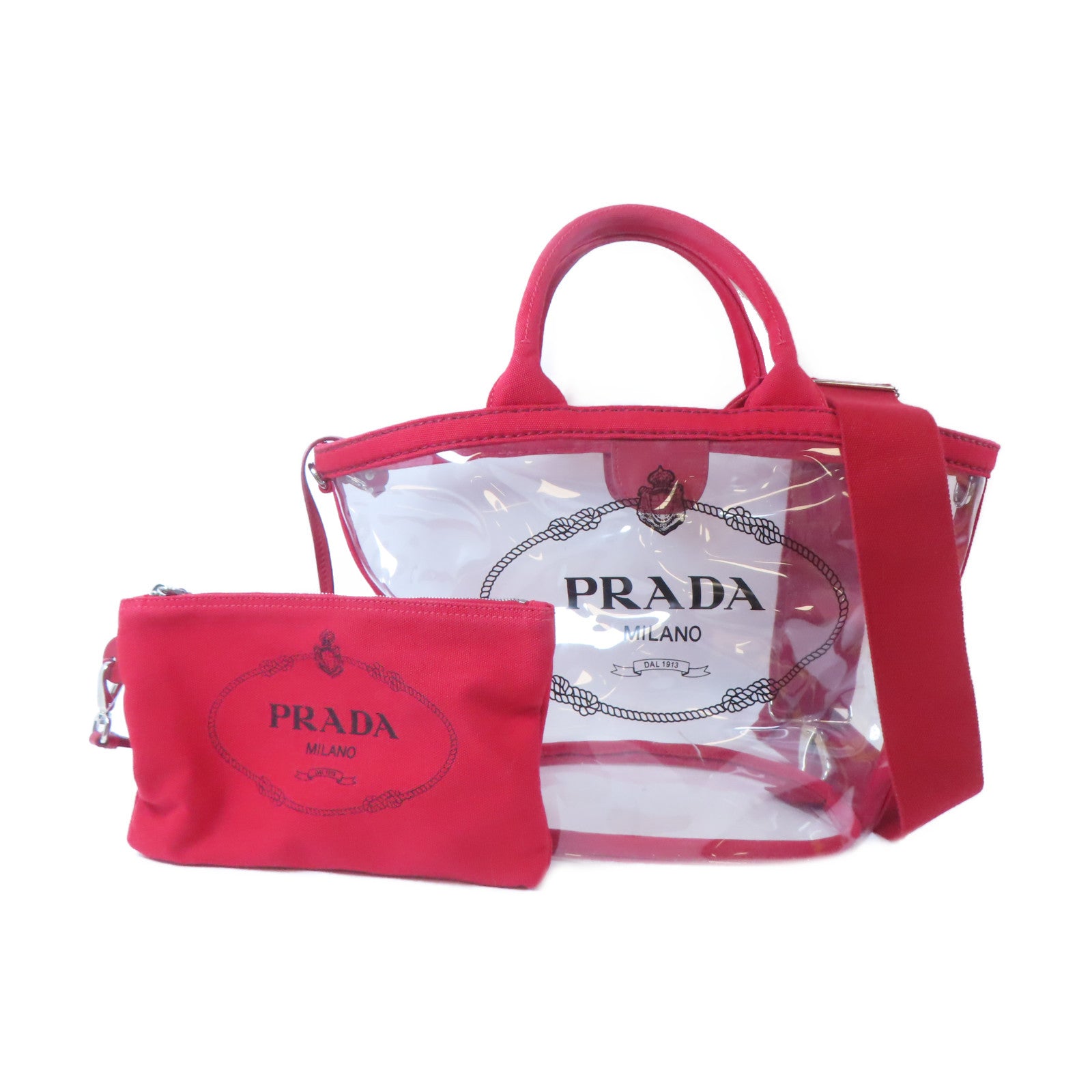 PRADA PVC/帆布2 Way Shoulder銀扣手挽肩背兩用袋紅色