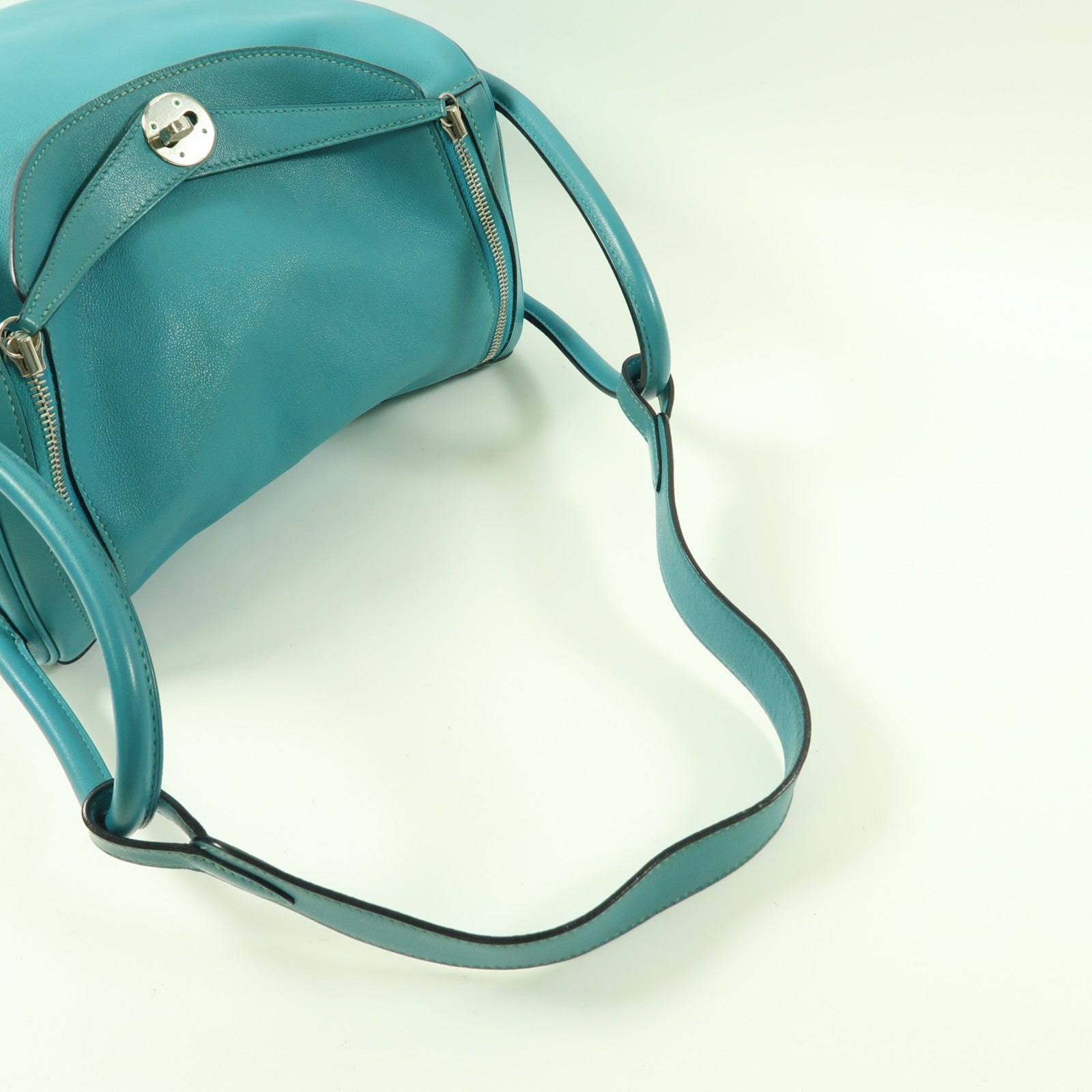 HERMES PHW Lindy 30 2 Way Shoulder Handbag Swift Leather Bleu Paon Green