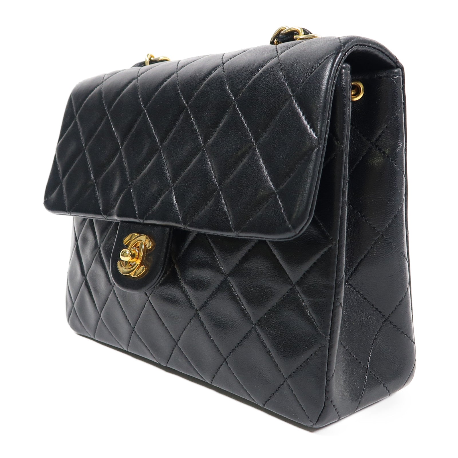CHANEL 菱格牛皮皮革Mini Square金扣鏈帶肩背袋黑色