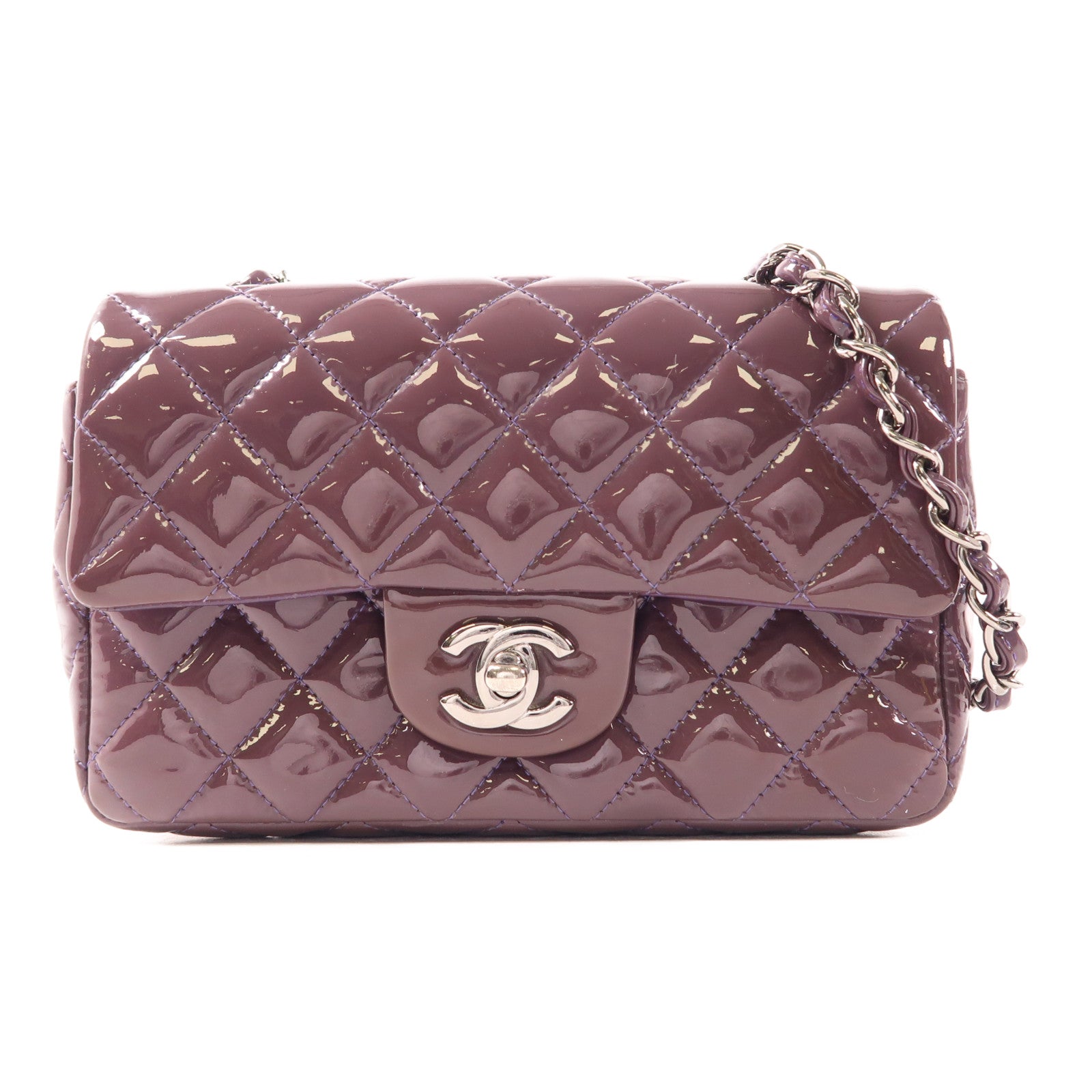 CHANEL 漆皮皮革Mini Classic 20銀扣鏈帶肩背袋