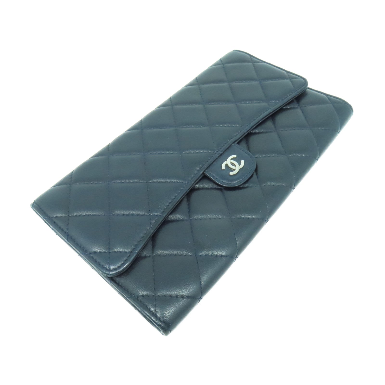 CHANEL 【激減優惠】菱格羊皮皮革Long Wallet銀扣長錢包黑色