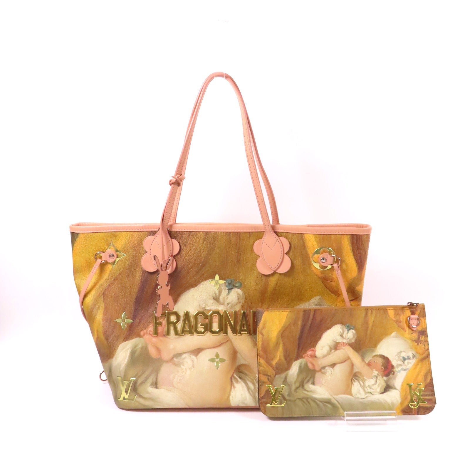 LOUIS VUITTON 塗層帆布/牛皮皮革Masters Collection Fragonard Neverfull MM手挽袋棕色/粉紅色