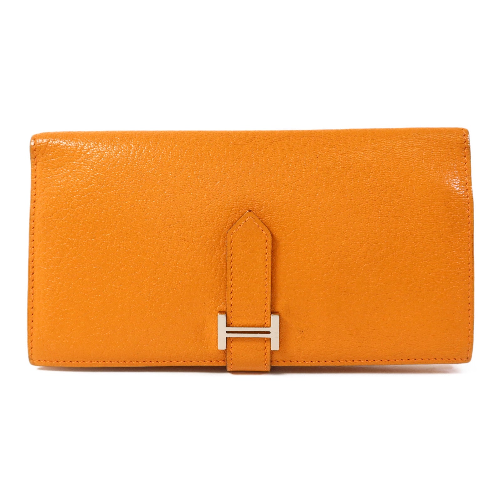 HERMES Chevre皮革Bearn Wallet銀扣長錢包Apricot