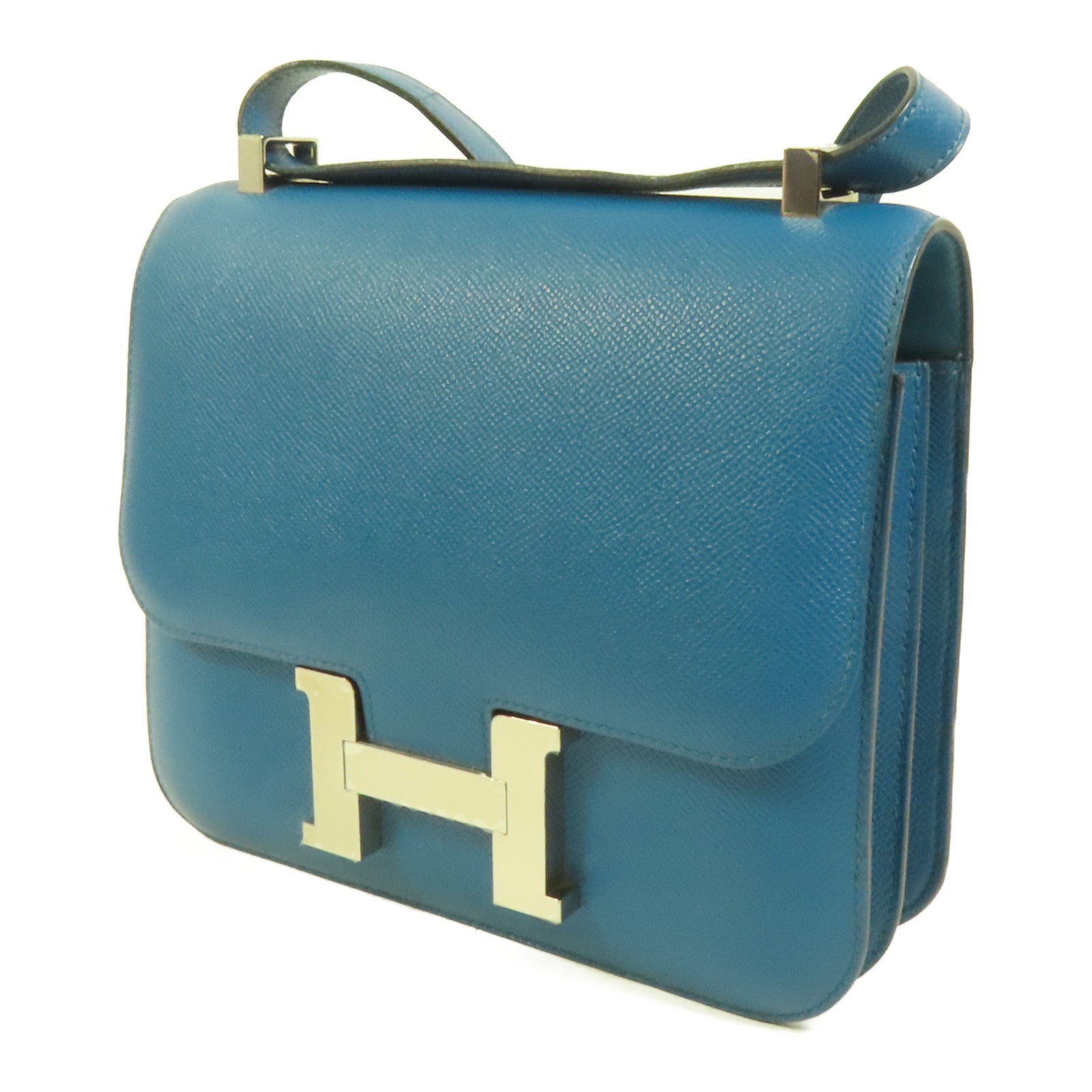 HERMES Epsom皮革Constance 24銀扣肩背袋Bleu Izmir