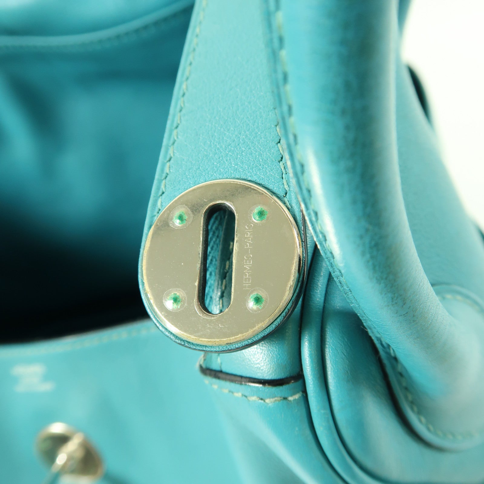 HERMES PHW Lindy 30 2 Way Shoulder Handbag Swift Leather Bleu Paon Green