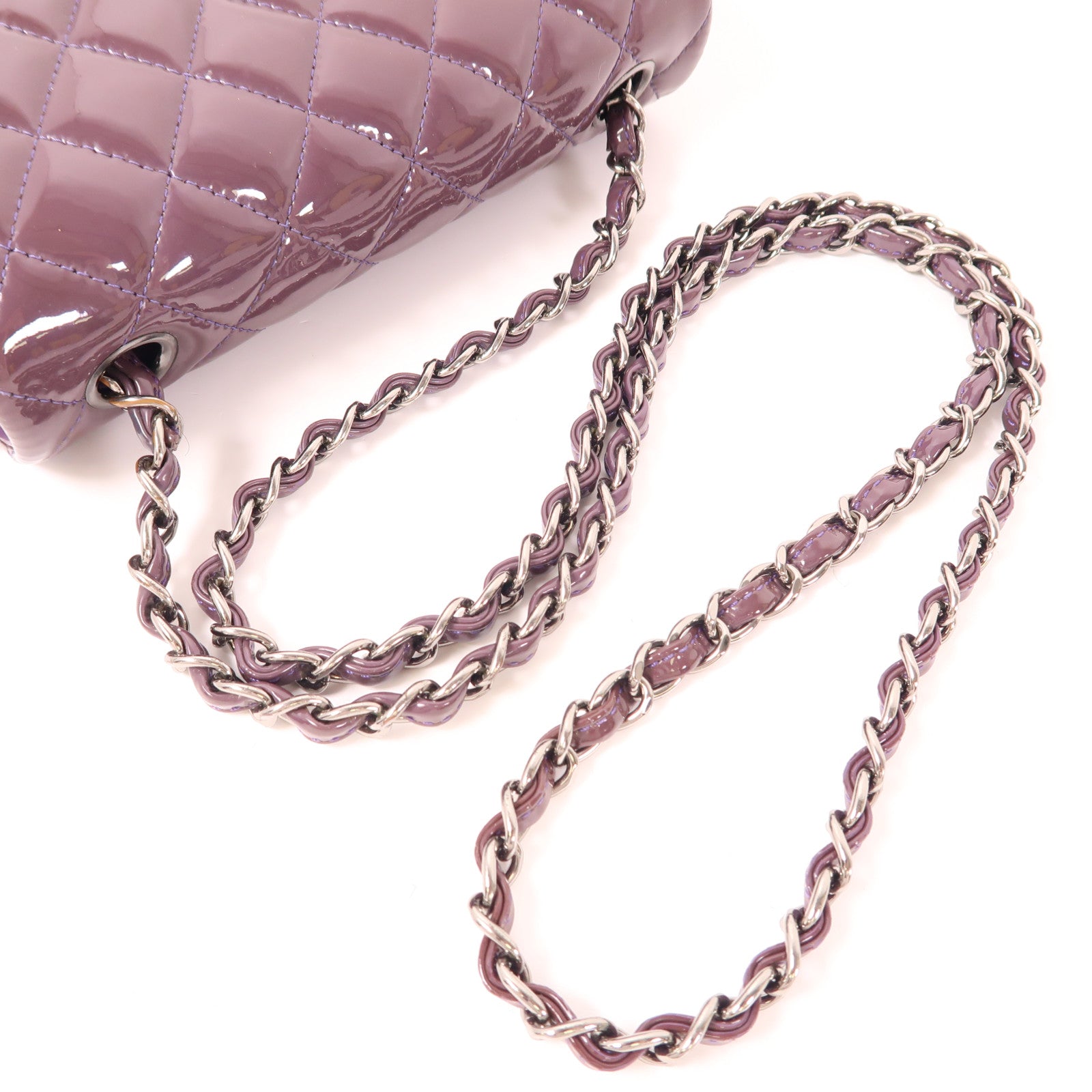 CHANEL 漆皮皮革Mini Classic 20銀扣鏈帶肩背袋